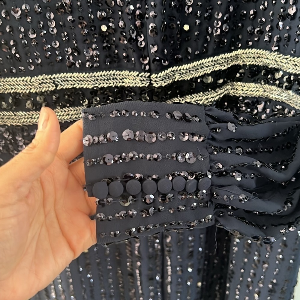 10 Mac Duggal Navy Long Sleeve Sequined Midi Dress 14 V neck Evening Formal - Picture 10 of 12
